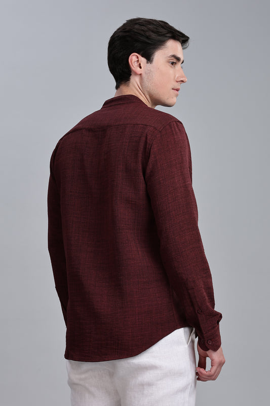 Marron Linen Blend Mandarin Collar Shirt