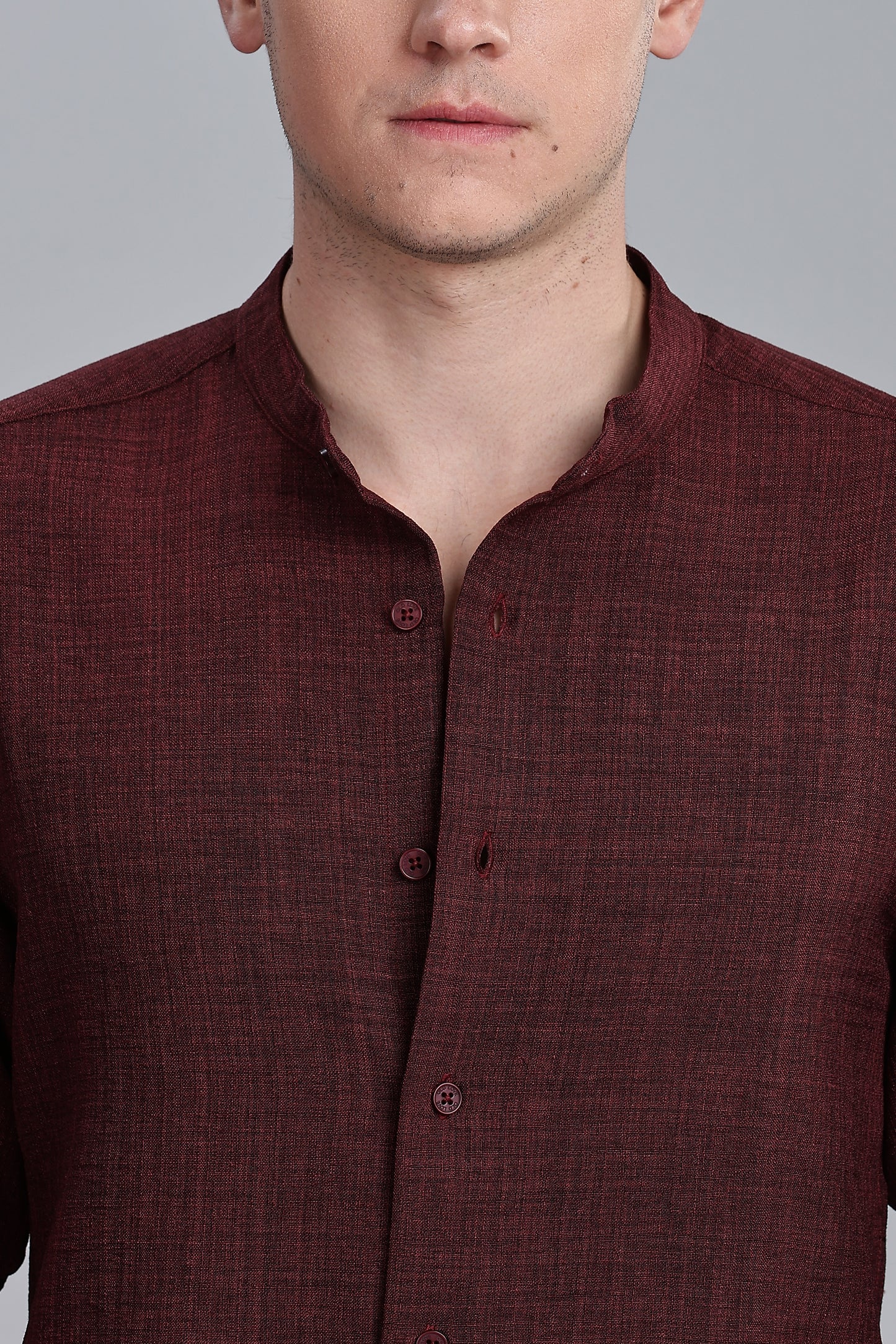 Marron Linen Blend Mandarin Collar Shirt
