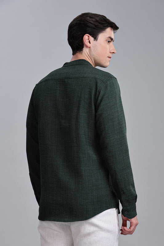 Darkgreen Linen Blend Mandarin Collar Shirt