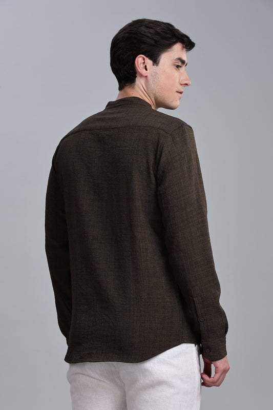 Brown Linen Blend Mandarin Collar Shirt