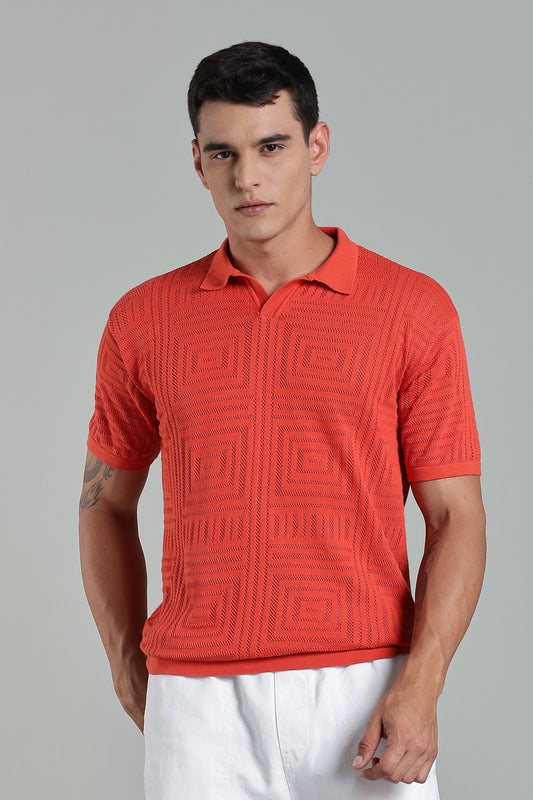Oldlove Textured Geo-Knit Orange  Polo Shirt