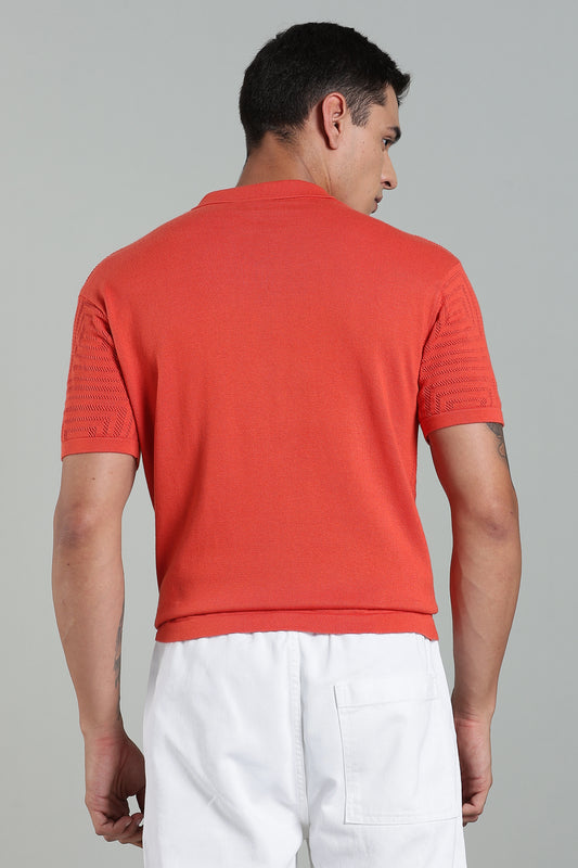 Oldlove Textured Geo-Knit Orange Polo Shirt
