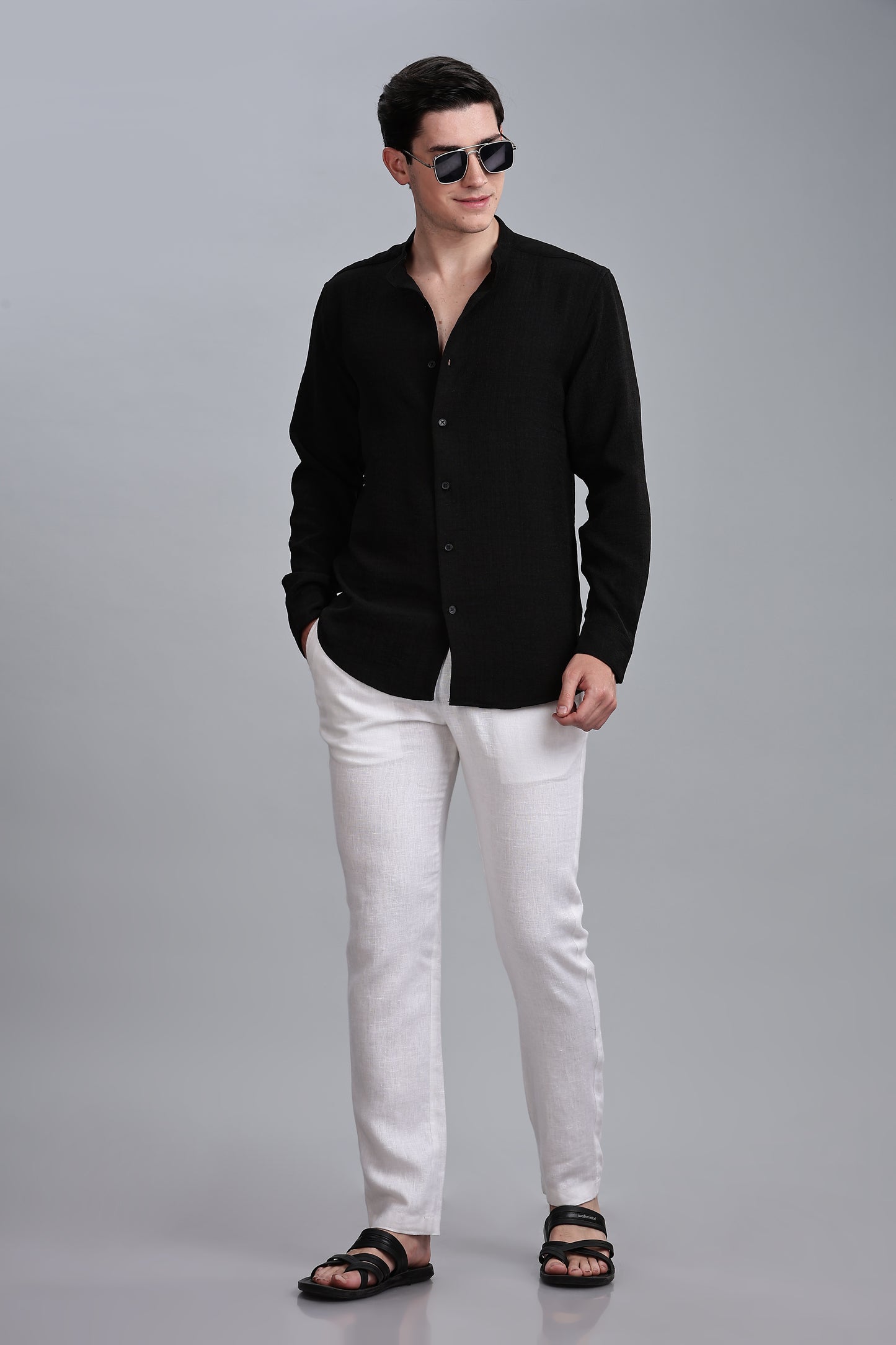 Black Linen Blend Mandarin Collar Shirt
