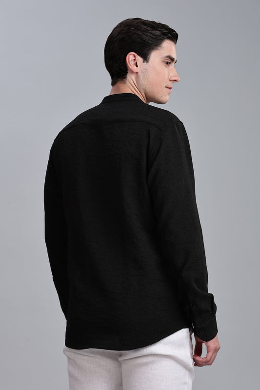 Black Linen Blend Mandarin Collar Shirt
