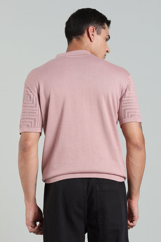 Oldlove Textured Geo-Knit Pink Polo Shirt