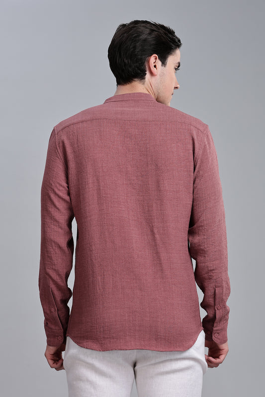 Mauve Pink Linen Blend Mandarin Collar Shirt