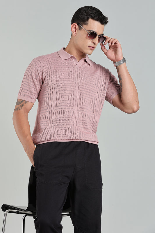 Oldlove Textured Geo-Knit Pink Polo Shirt