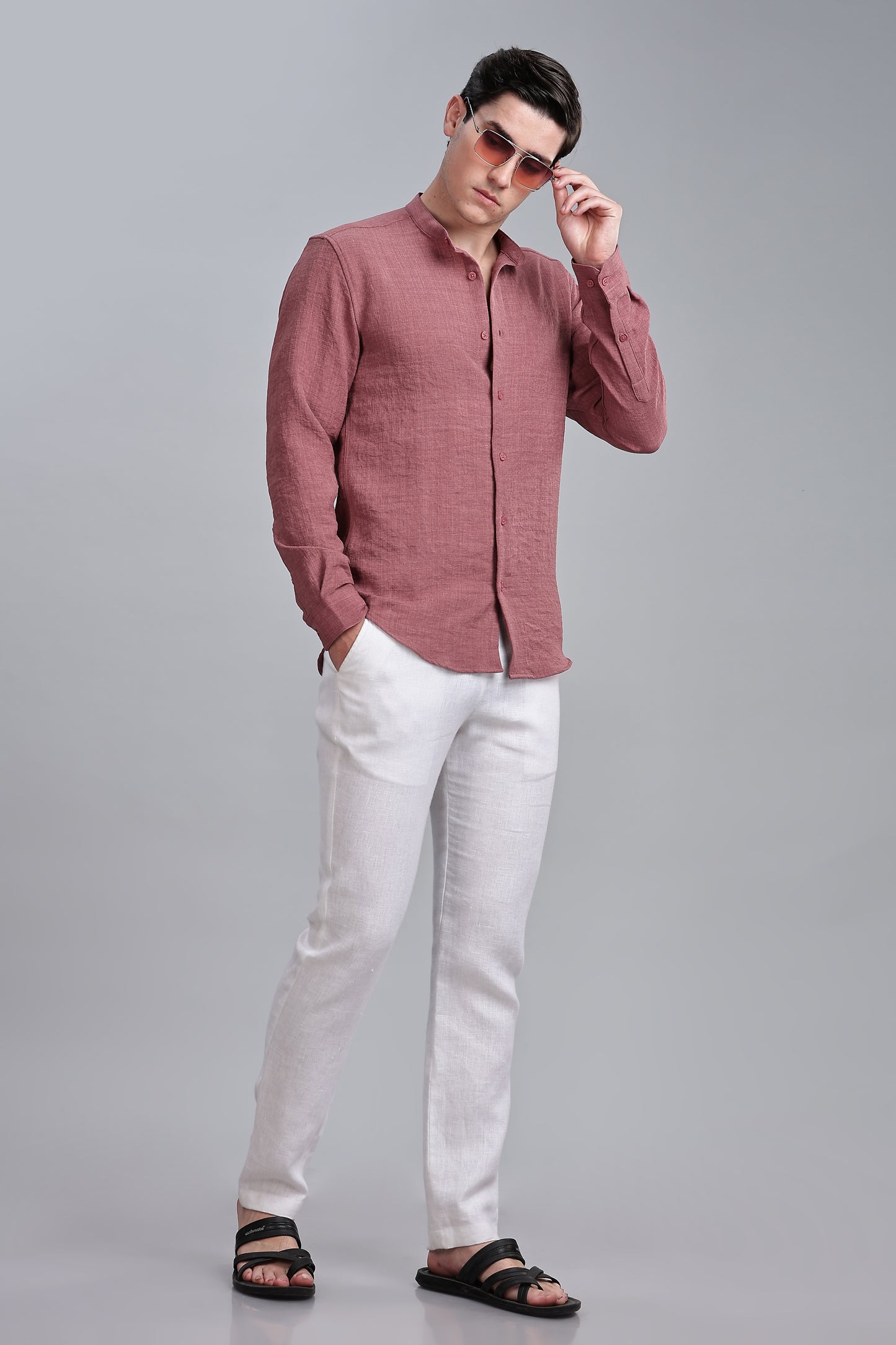 Mauve Pink Linen Blend Mandarin Collar Shirt