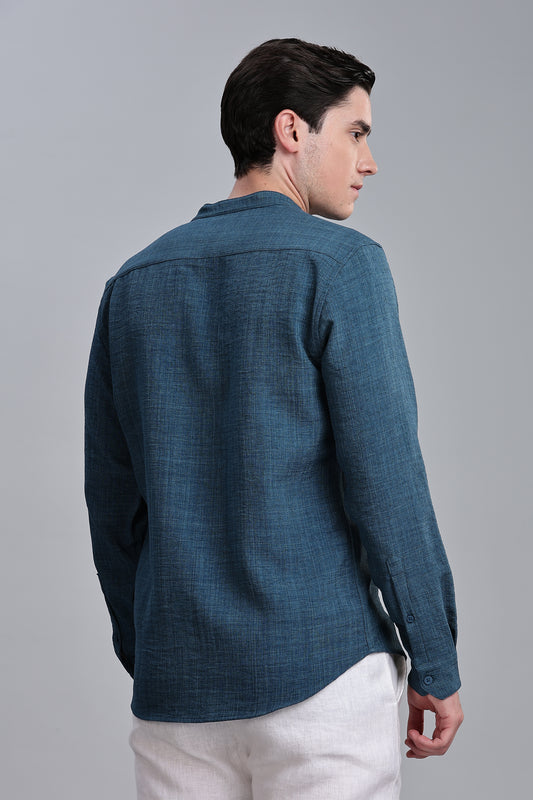 Sea Green Linen Blend Mandarin Collar Shirt
