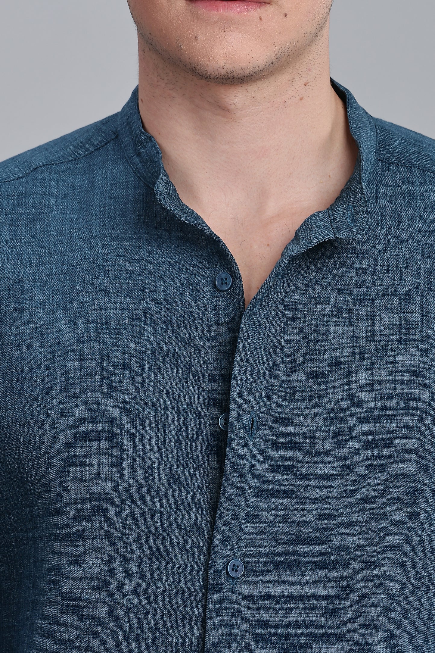 Sea Green Linen Blend Mandarin Collar Shirt