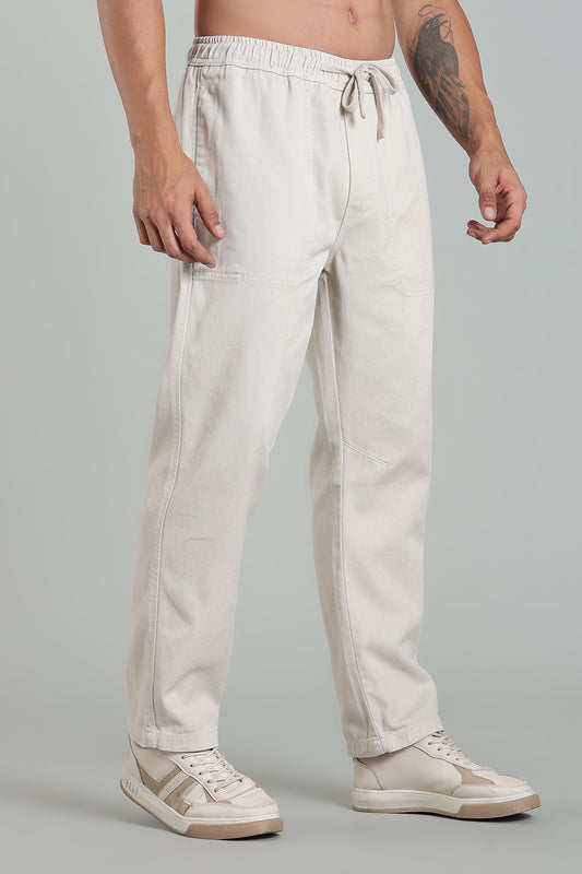 Oldlove Beige Easy-Fit Drawstring Denim Trousers