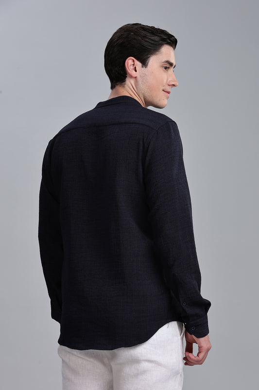 Navy Blue Linen Blend Mandarin Collar Shirt