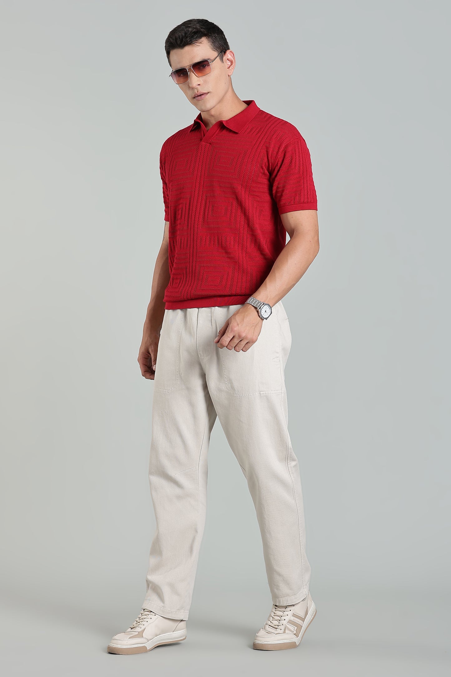 Oldlove Textured Geo-Knit Crimson Red Polo Shirt