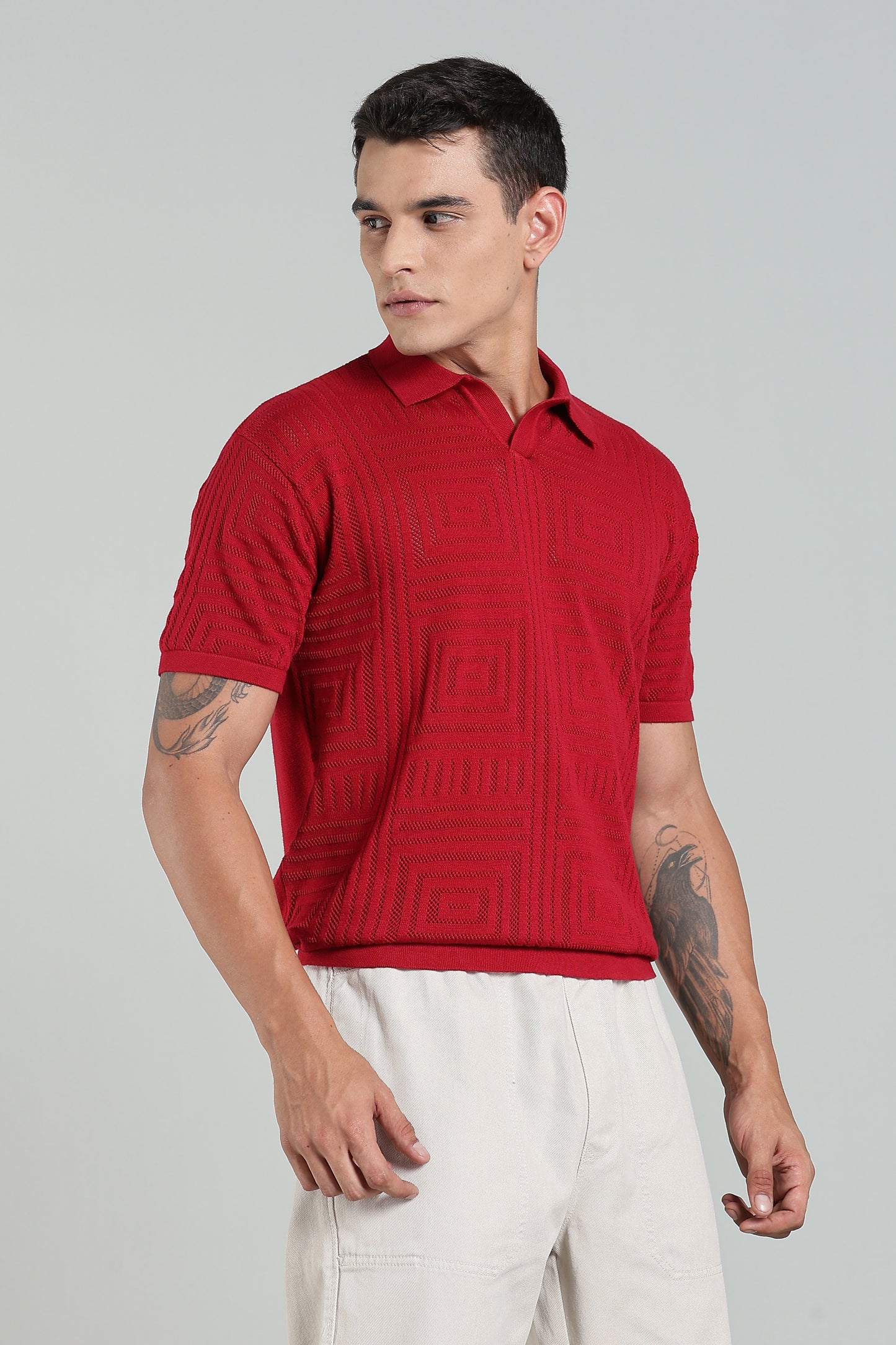 Oldlove Textured Geo-Knit Crimson Red Polo Shirt