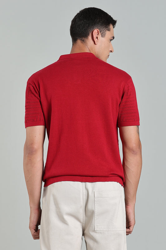Oldlove Textured Geo-Knit Crimson Red Polo Shirt