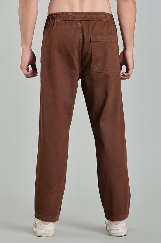 Oldlove Brown Easy-Fit Drawstring Denim Trousers