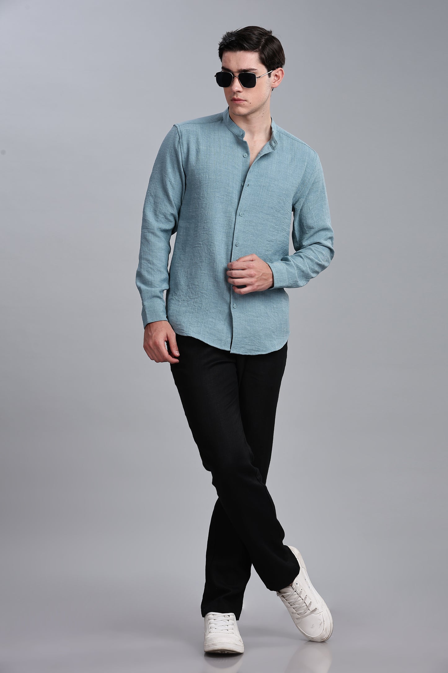 Blue Linen Blend Mandarin Collar Shirt