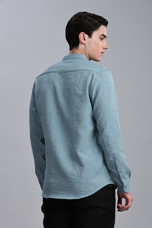 Blue Linen Blend Mandarin Collar Shirt