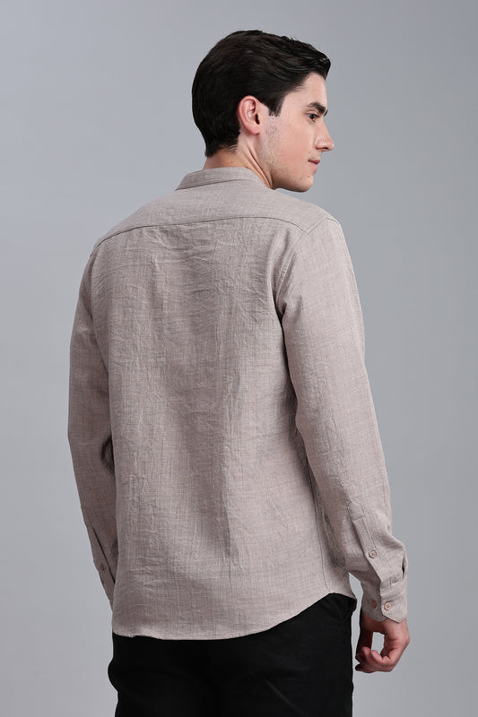 Dark Beige Linen Blend Mandarin Collar Shirt