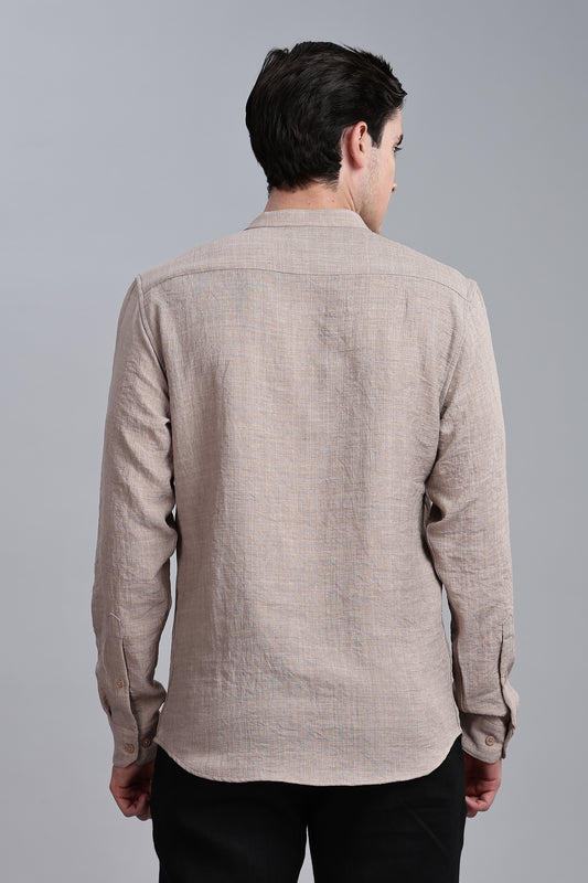 Beige Linen Blend Mandarin Collar Shirt