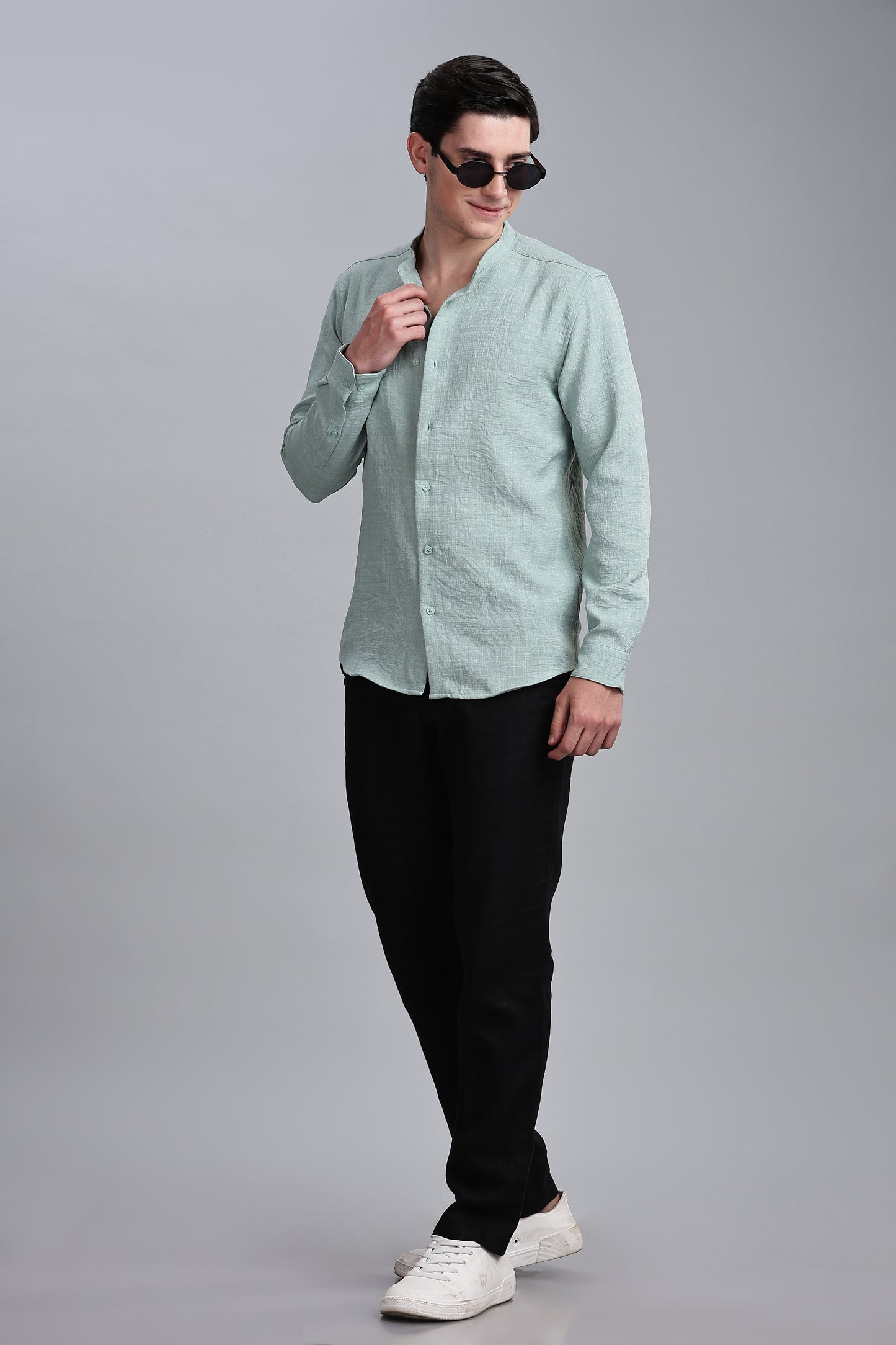 Teal Green Linen Blend Mandarin Collar Shirt