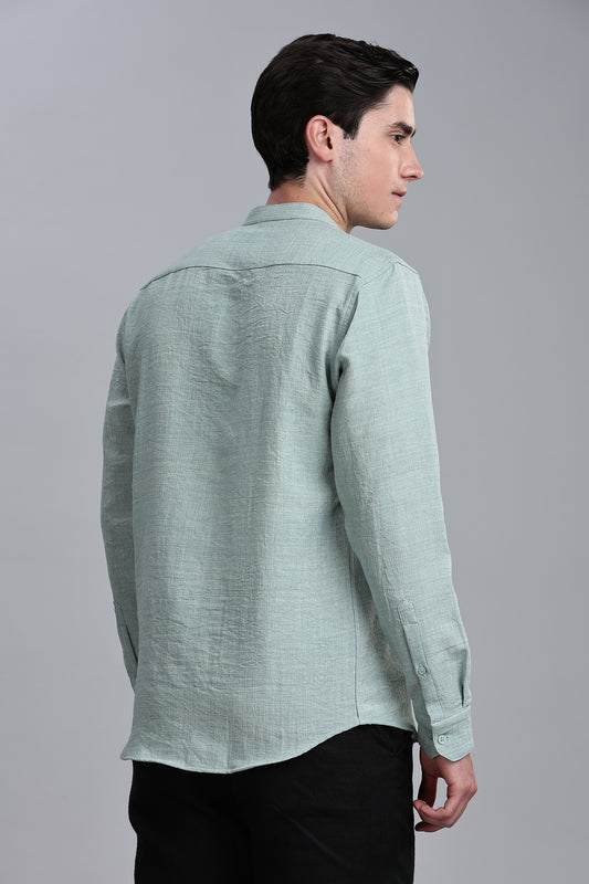Teal Green Linen Blend Mandarin Collar Shirt