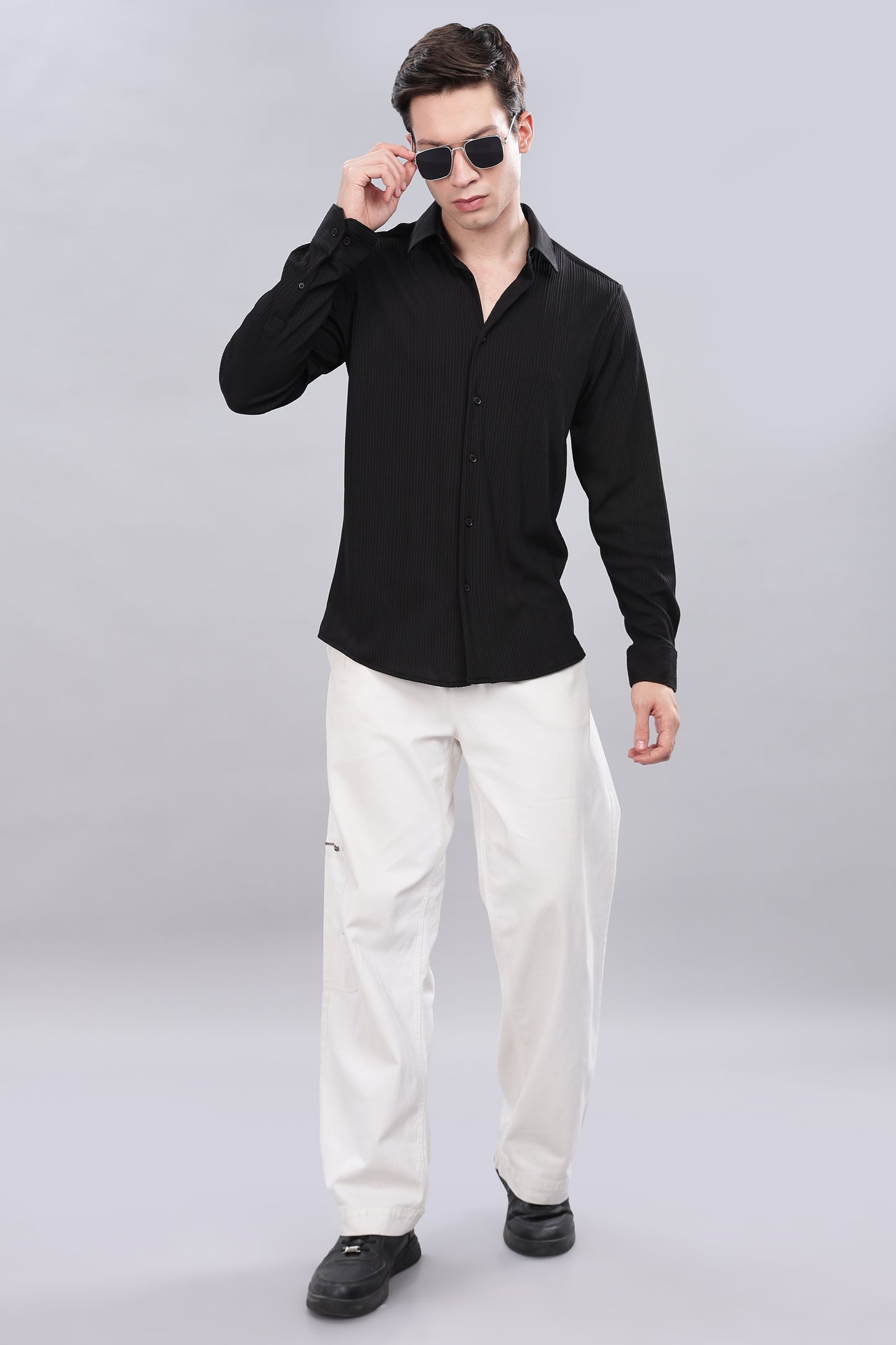 Black Pleat-Creased Shirt
