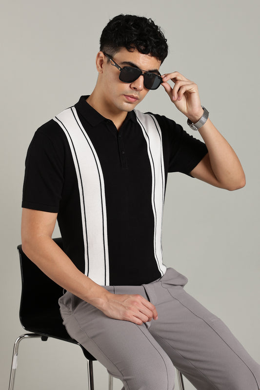 Men's Retro Striped Black Polo Shirt