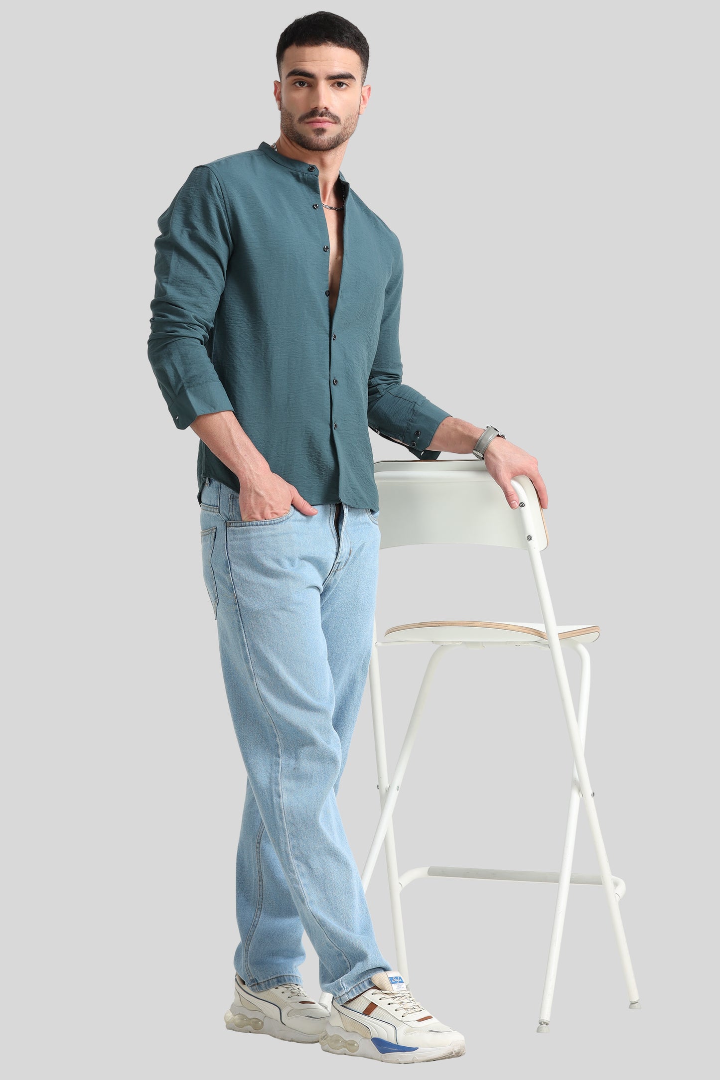 Pastel Green Mandarin Collar Shirt