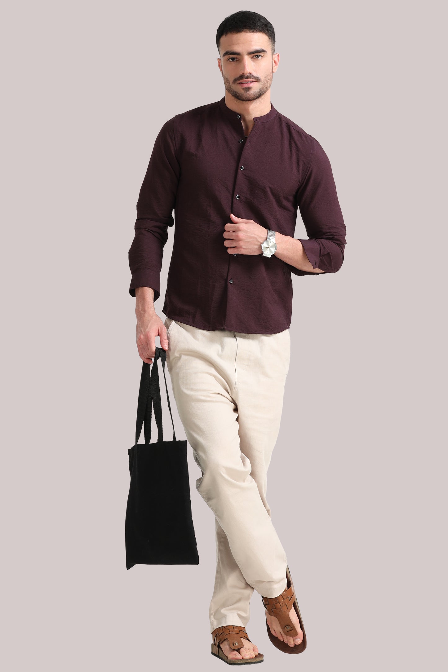 Maroon Mandarin Collar Shirt