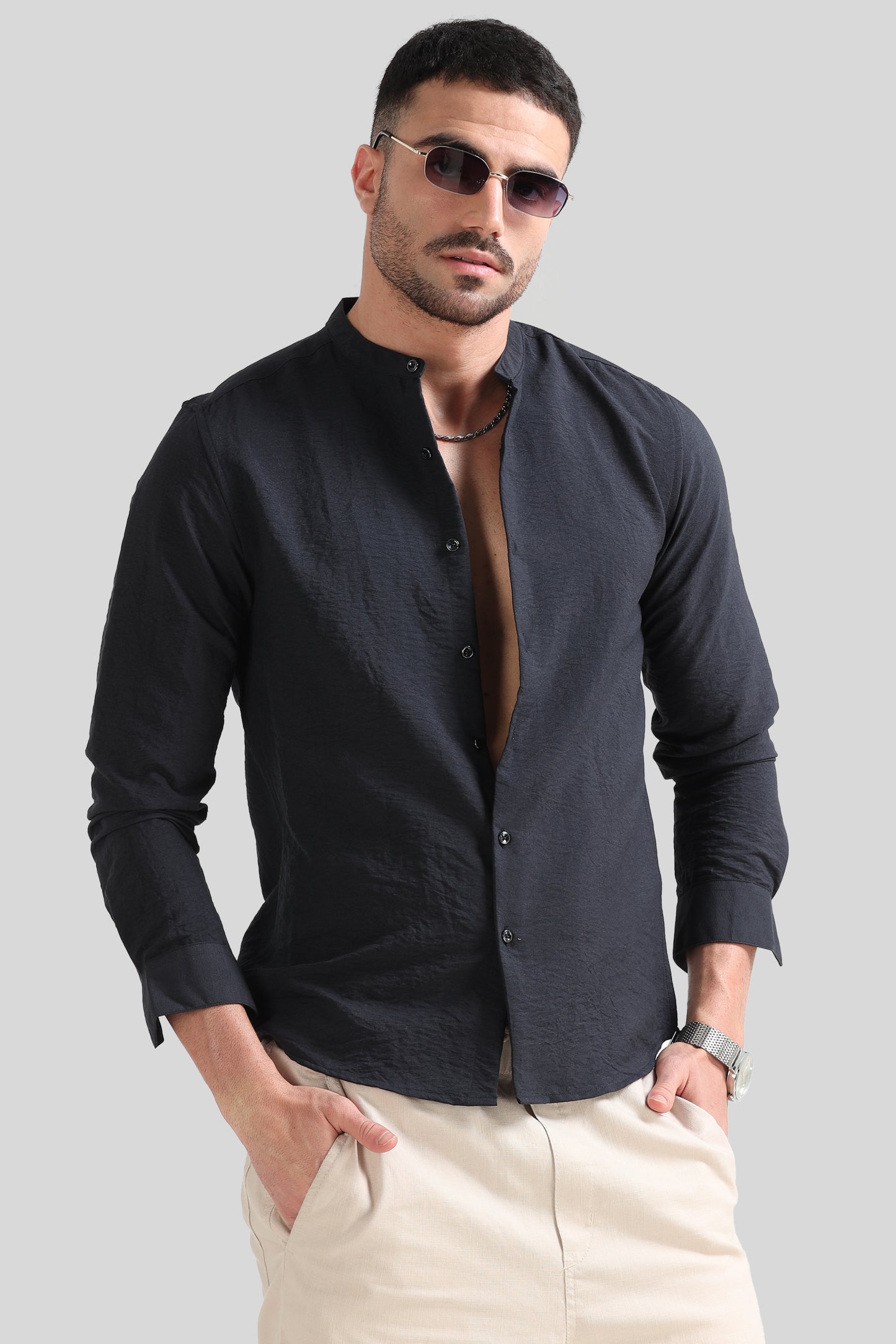 Navy Blue Mandarin  Shirt