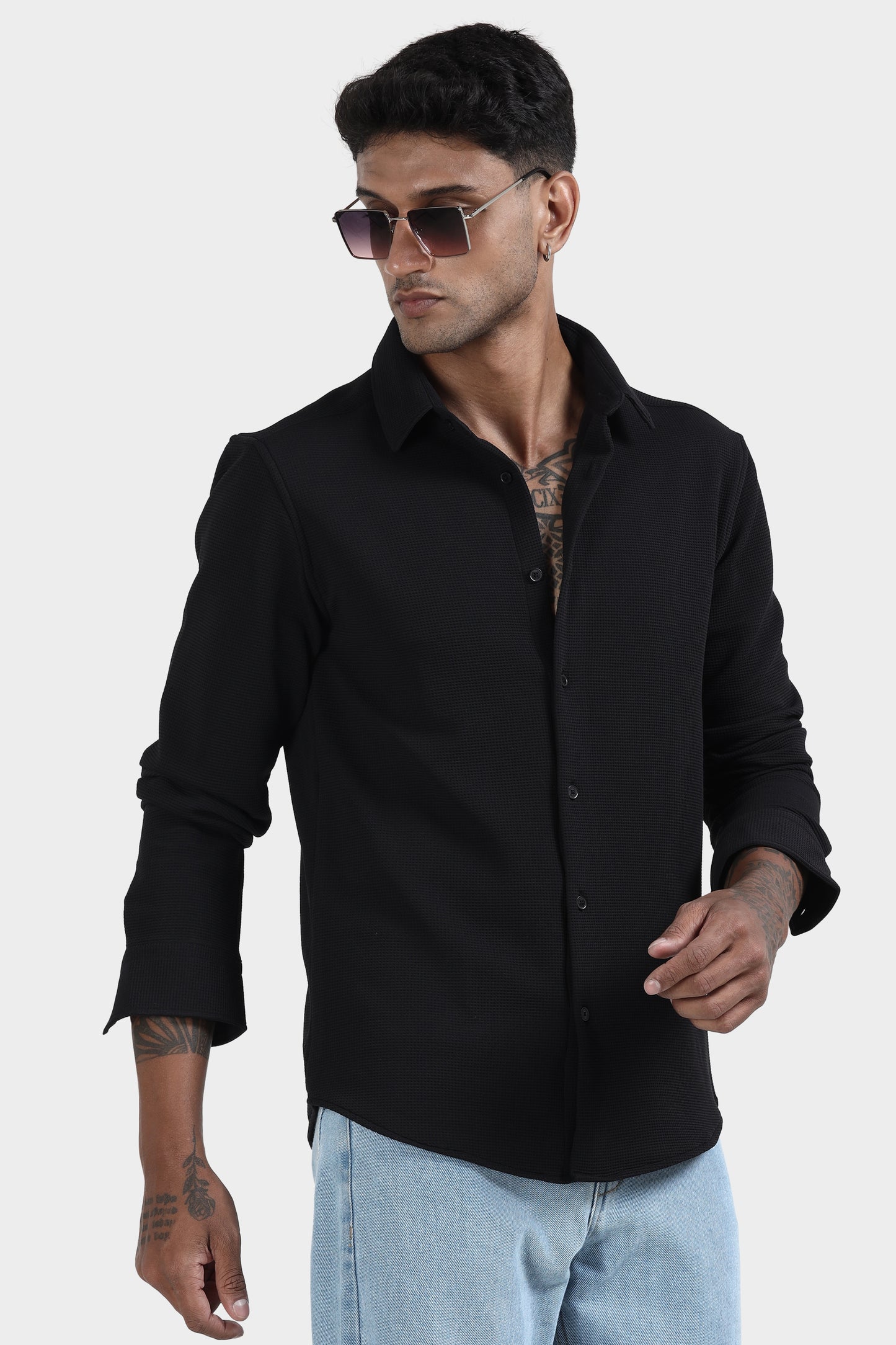 Oldlove Black Waffel Textured Shirt