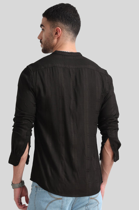 Black Textured Mandarin Collar Shirt