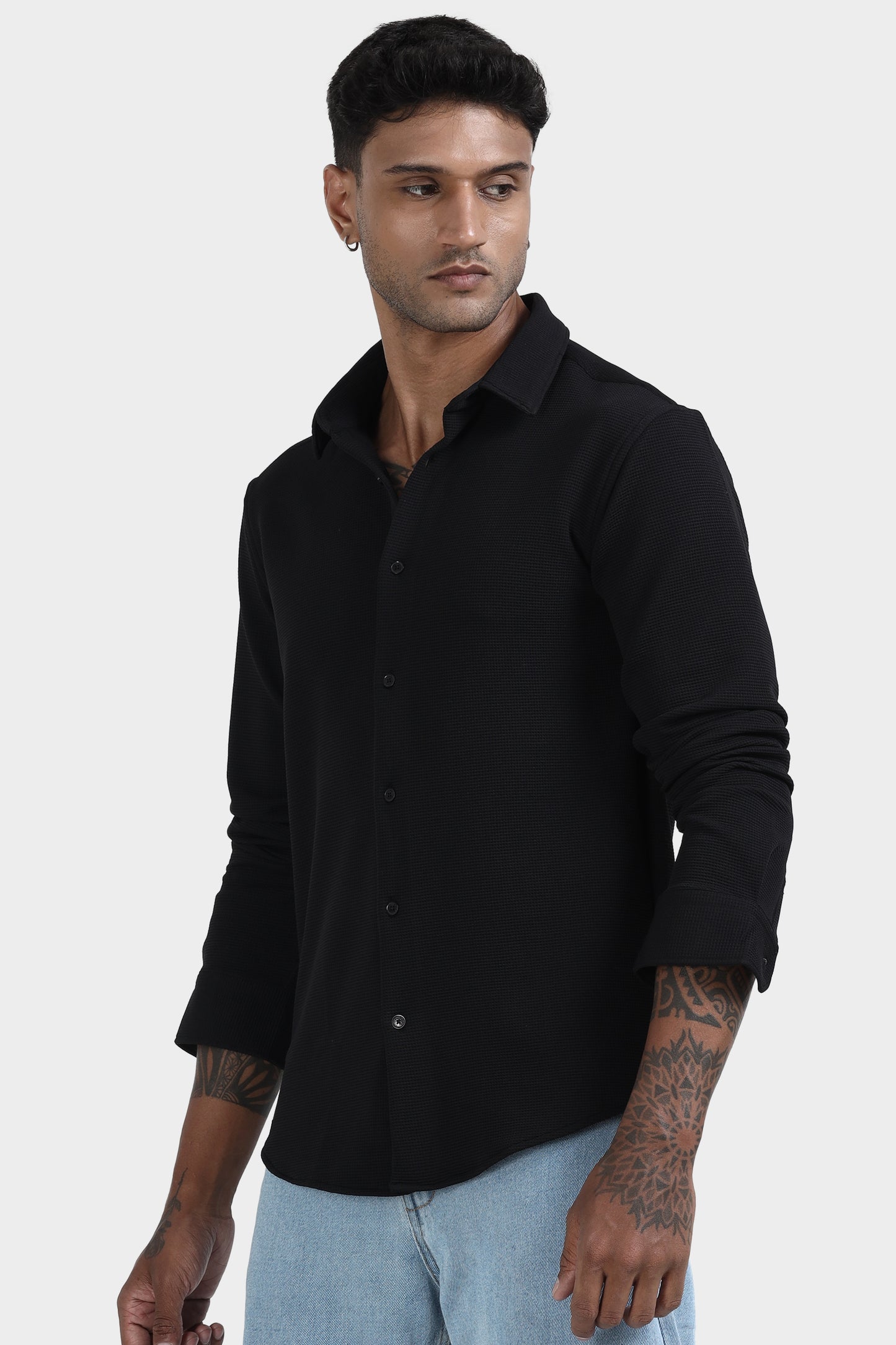 Oldlove Black Waffel Textured Shirt