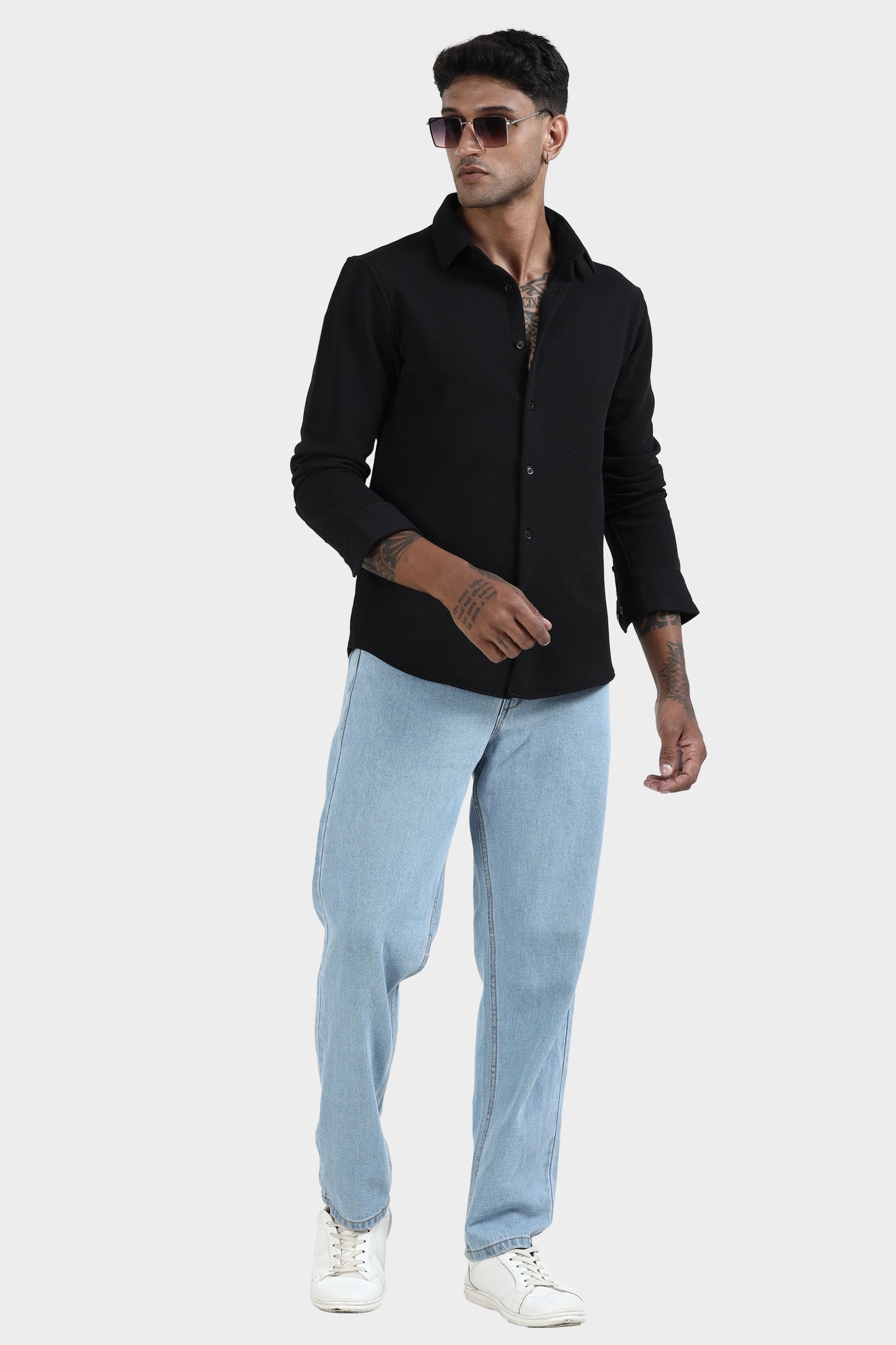 Oldlove Black Waffel Textured Shirt