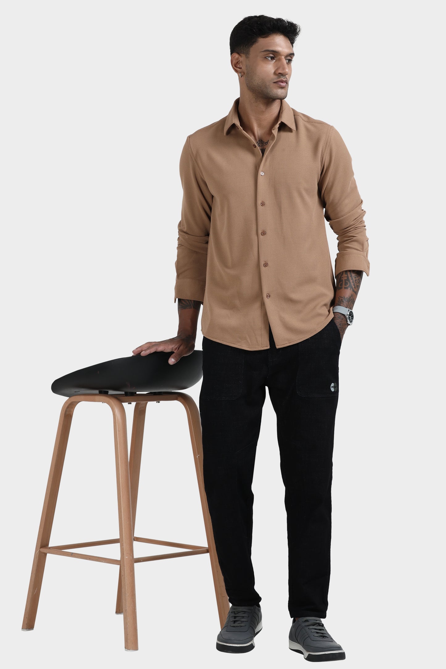 Oldlove Brown Waffle-Textured Shirt