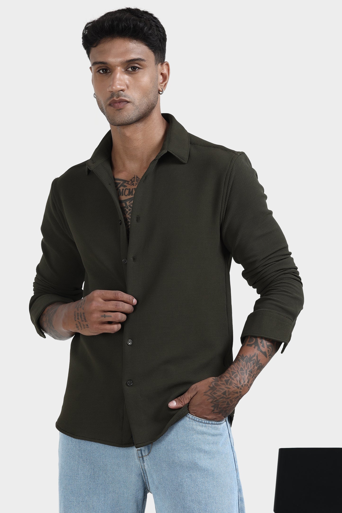 Oldlove Pine Green Waffel Textured Shirt