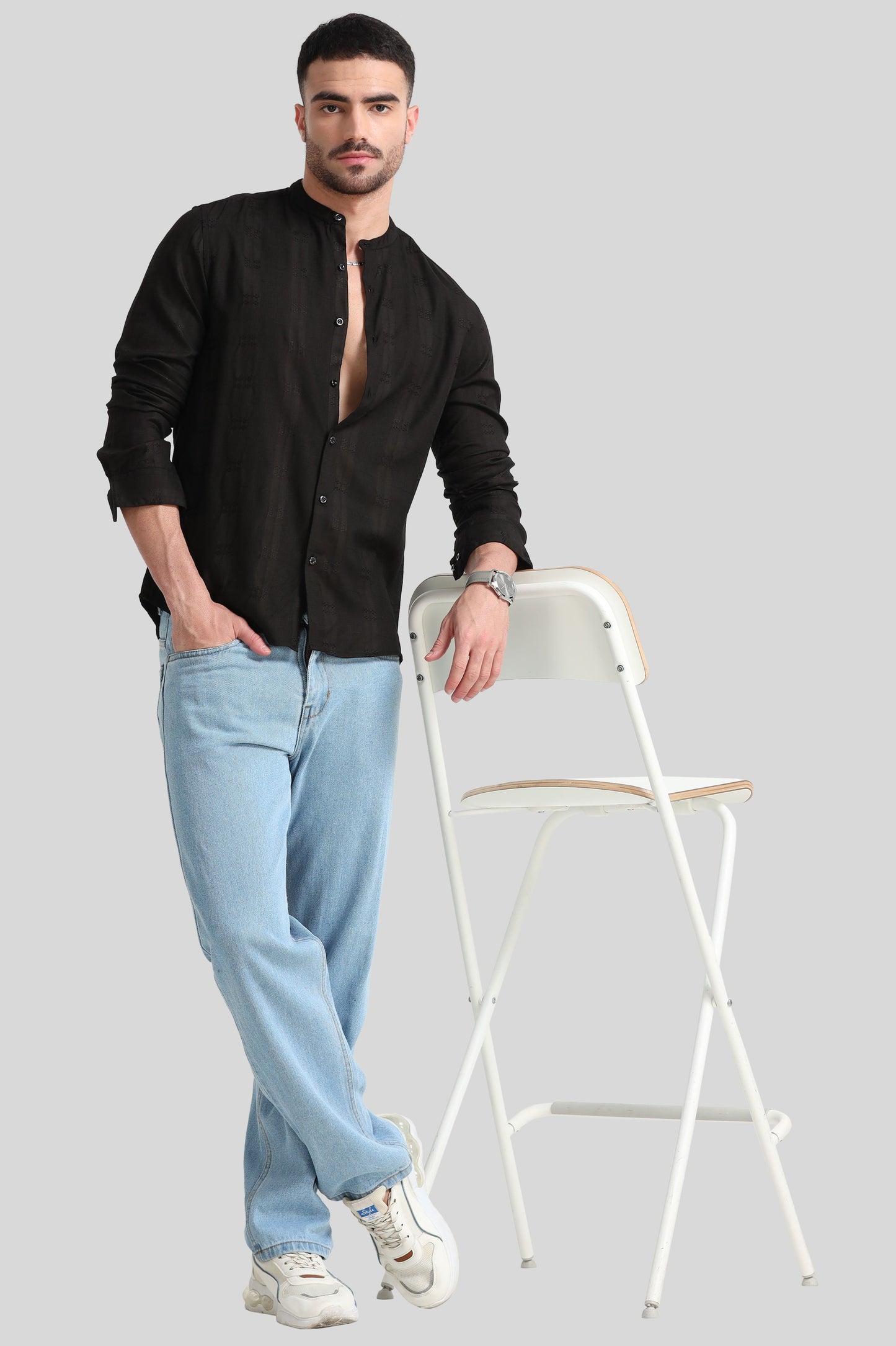 Black Textured Mandarin Collar Shirt