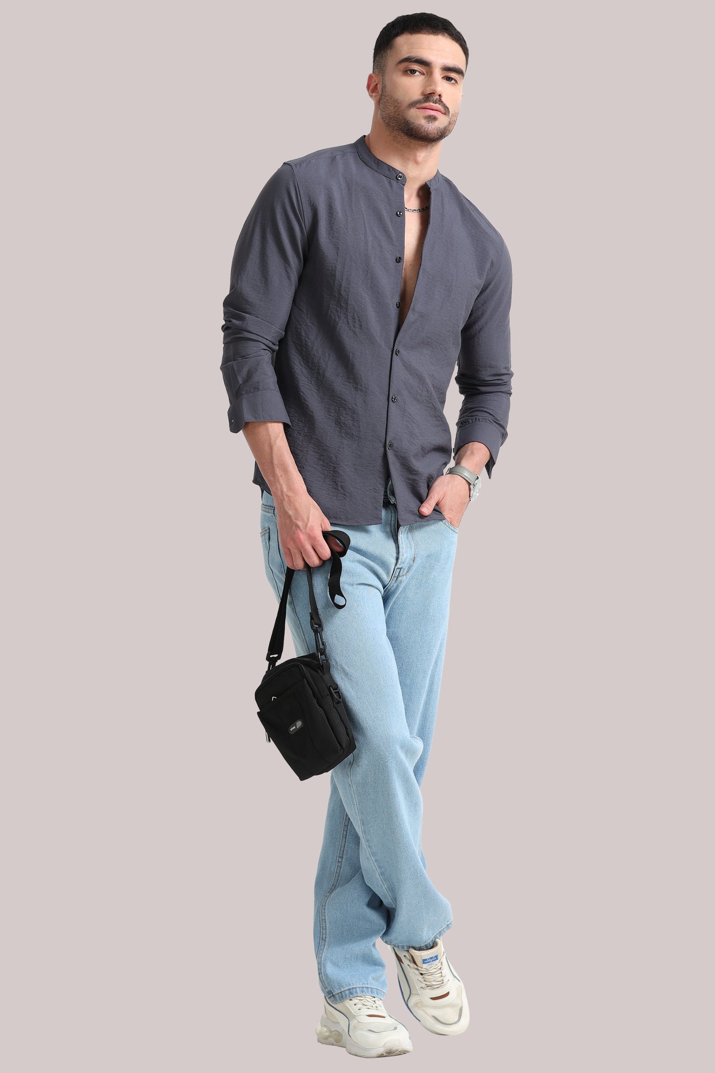 Grey Mandarin Collar Shirt