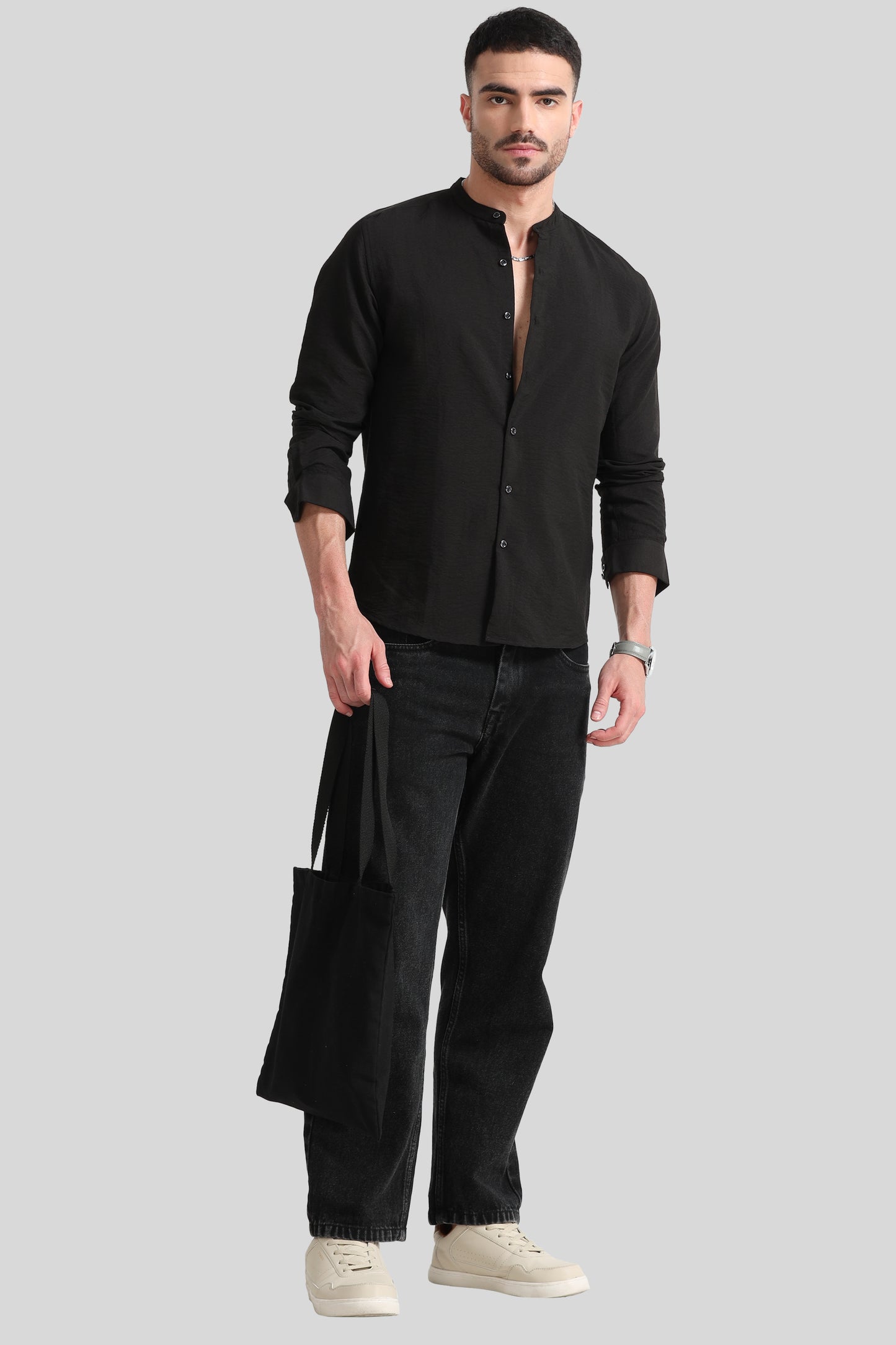 Black Mandarin Collar Shirt