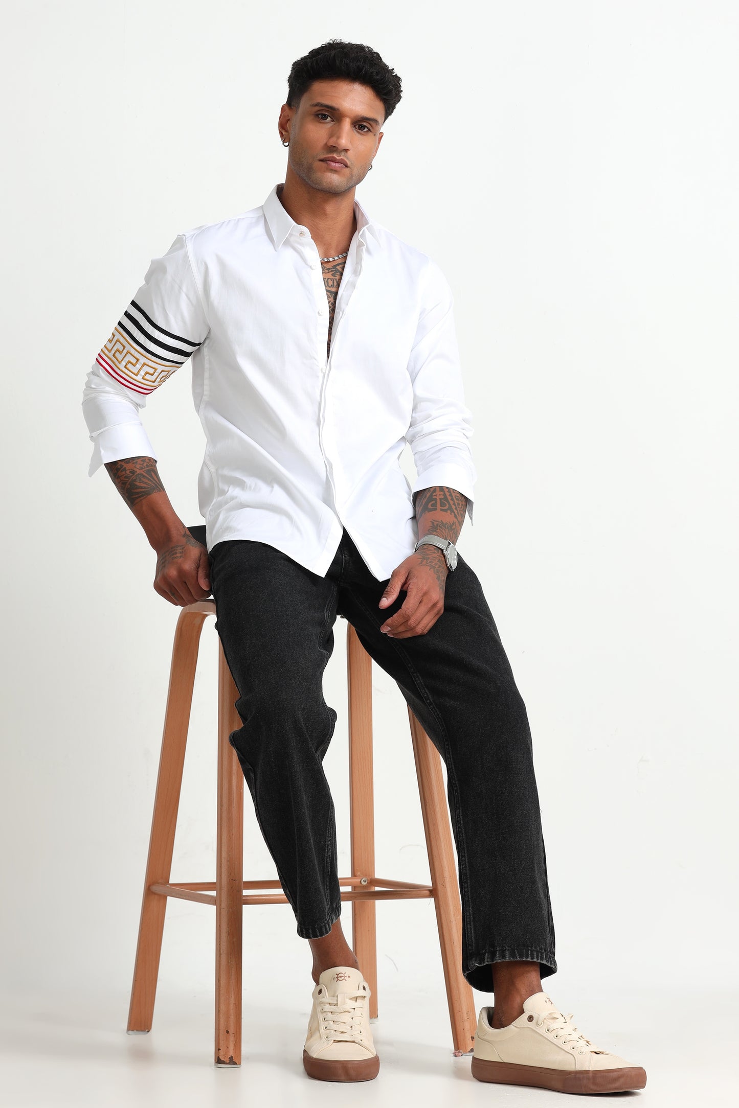 White Shirt with Embroidered Sleeve