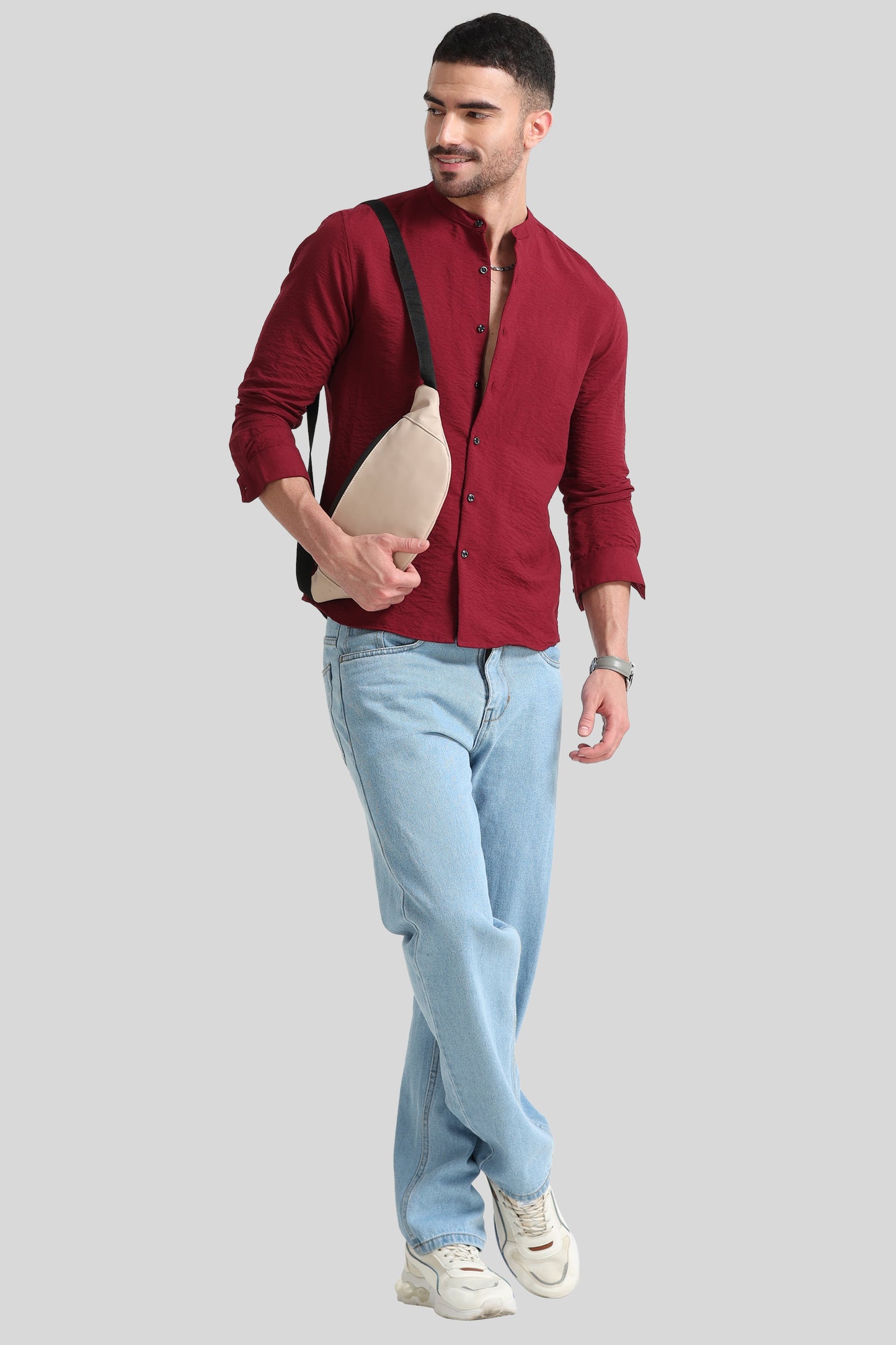 Red Mandarin Collar Shirt