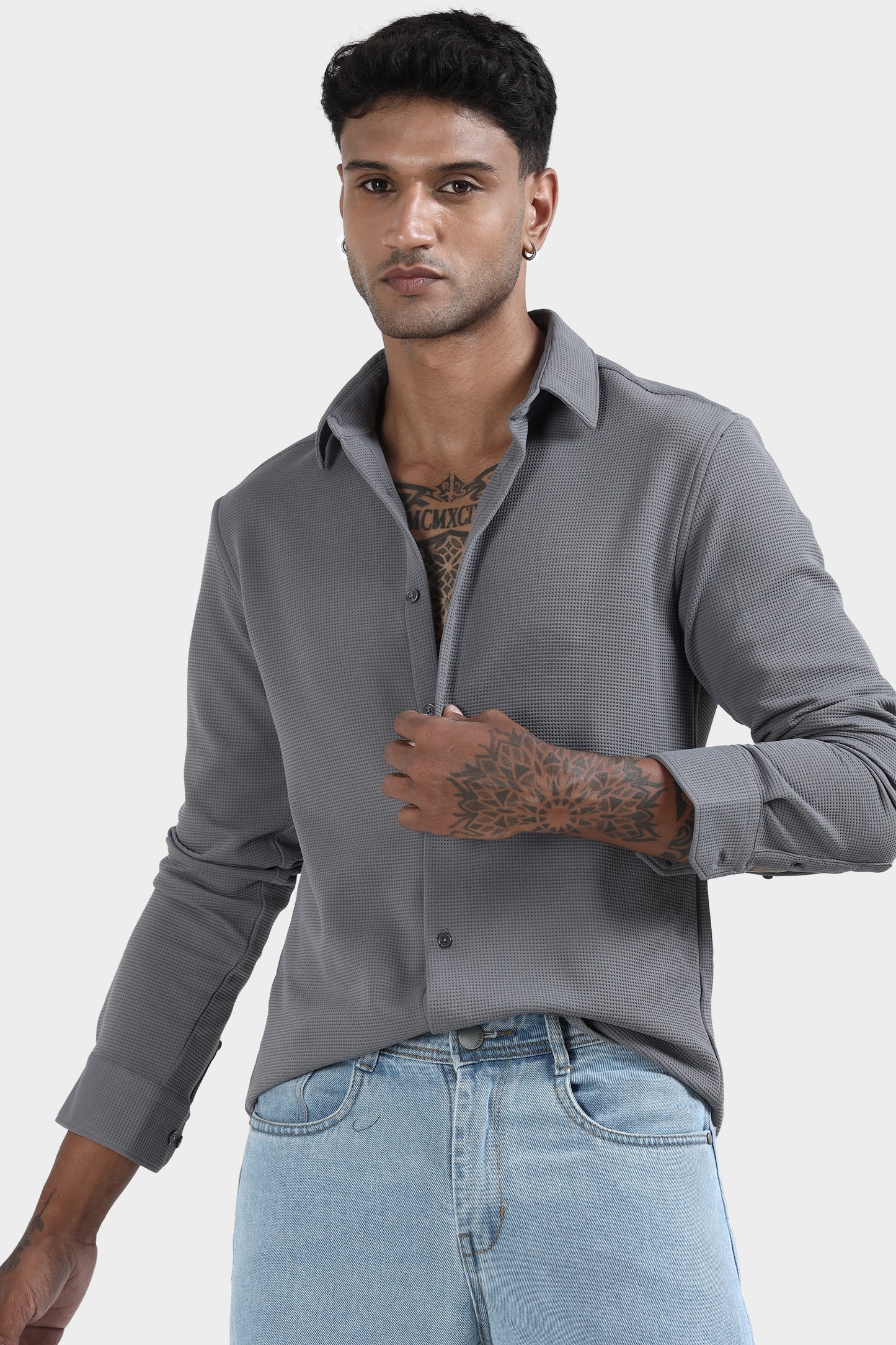 Oldlove Gray waffle-textured shirt