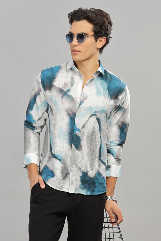 Oldlove Blue Abstarct Casual Print Shirt
