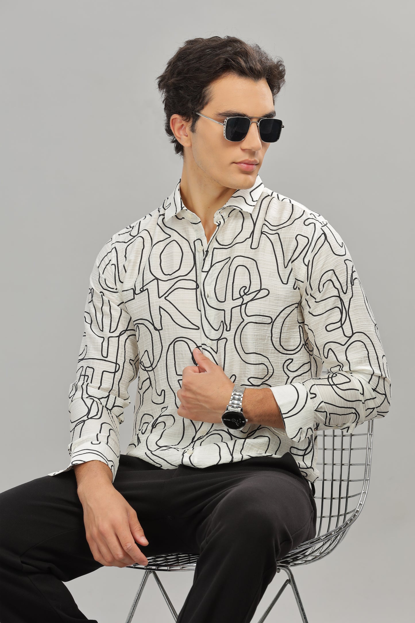 Oldlove White Abstract Textured Shirt