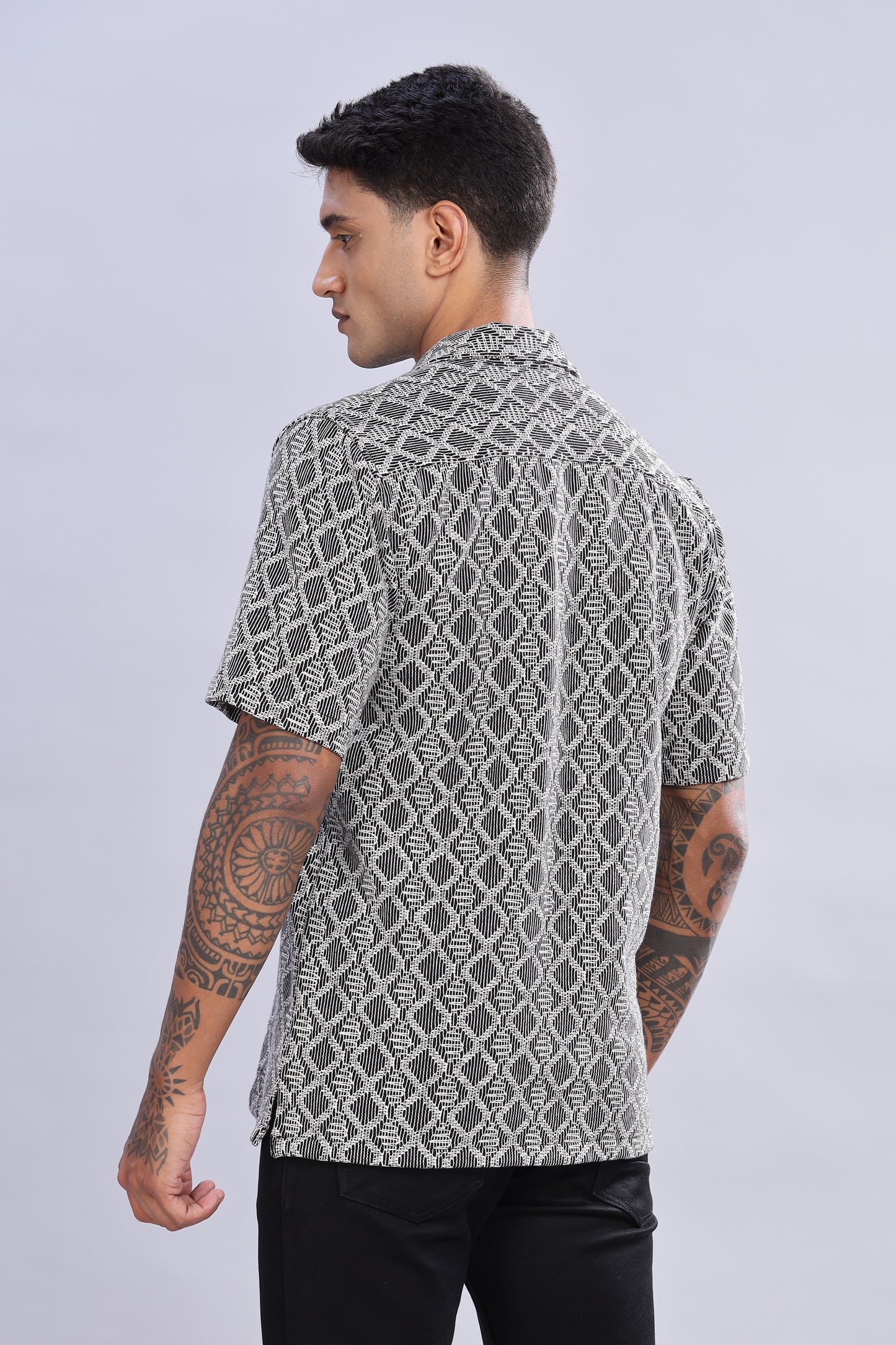 Oldlove Half-Sleeve Black Self Design Shirt