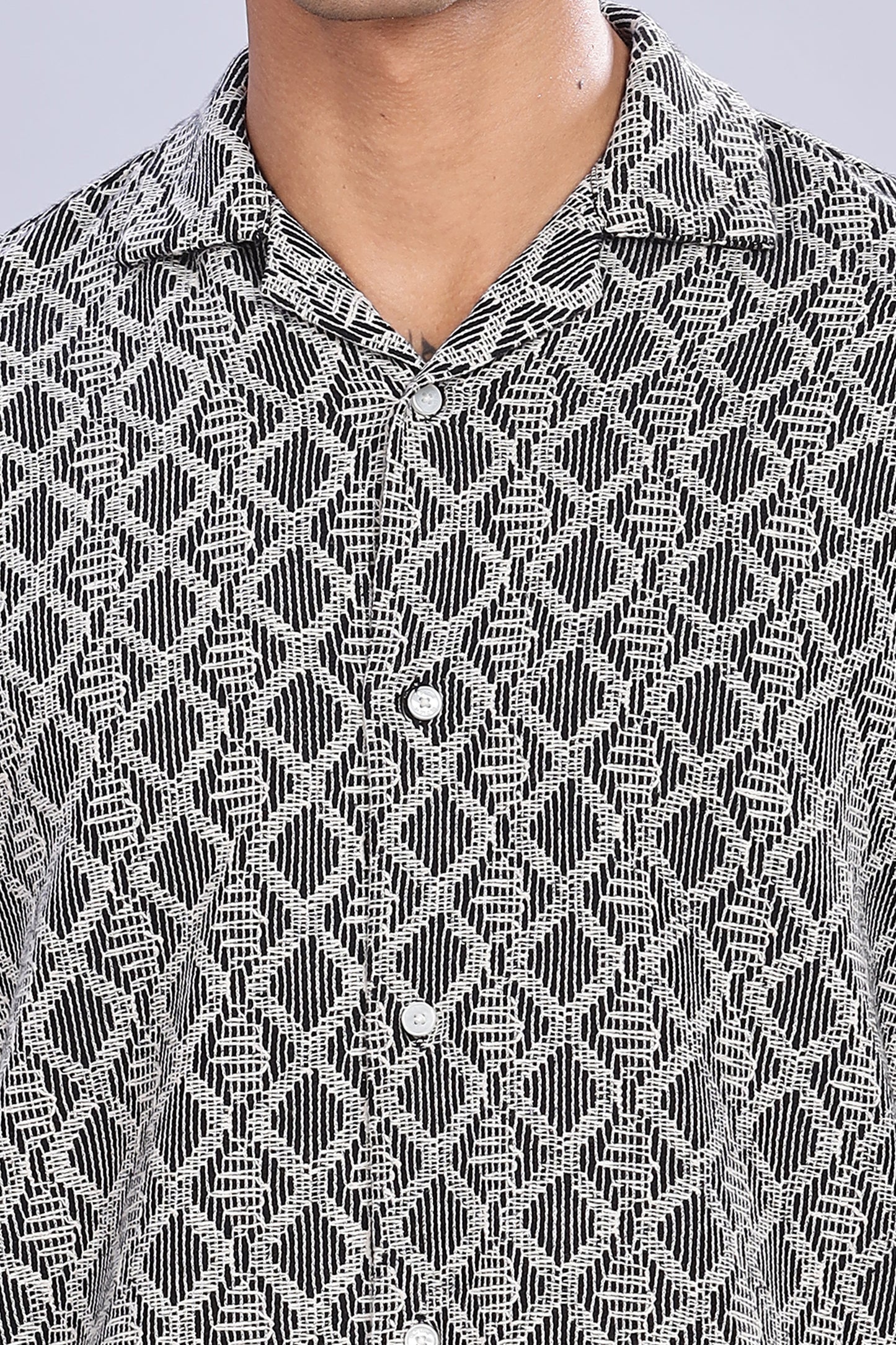 Oldlove Half-Sleeve Black Self Design Shirt