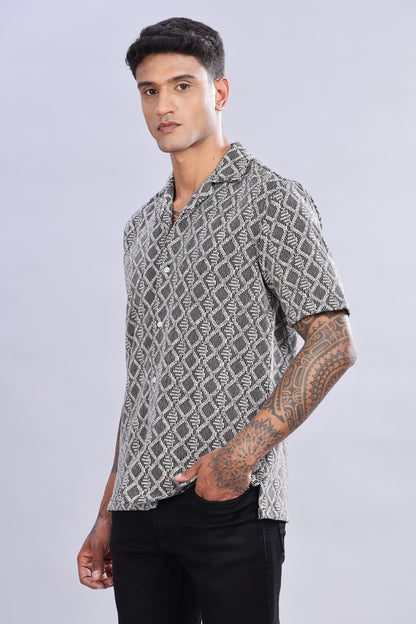 Oldlove Half-Sleeve Black Self Design Shirt