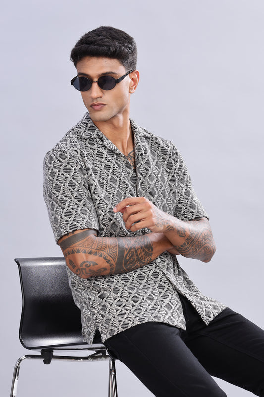 Oldlove Half-Sleeve Black Self Design Shirt
