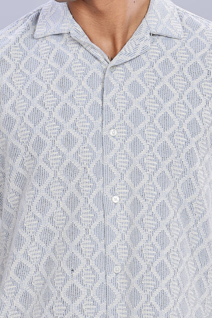 Oldlove Half-Sleeve Blue Self Design Shirt